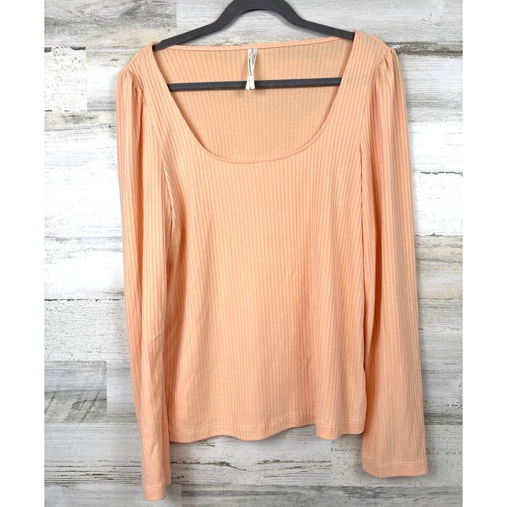Anthropologie Womens L Peach Scoop Neck Ribbed Long Sleeve Pullover Casual Top